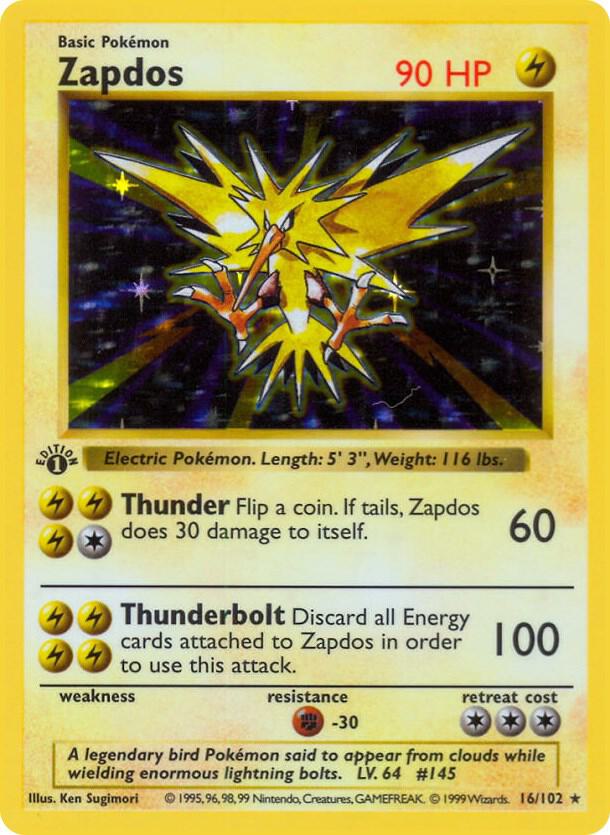 Zapdos Holo Rare Base Set (Shadowless) 016/102 NM Unlimited Holo