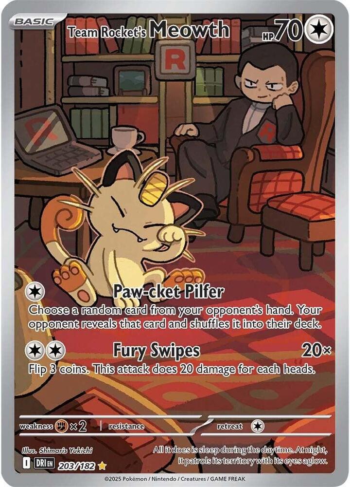Team Rocket's Meowth Illustration Rare SV10: Destined Rivals 203/182 NM Holo